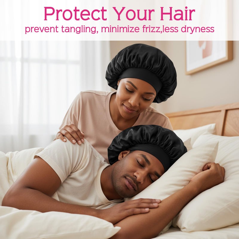 Wanmu 3Pcs Silk Bonnet for Men, Elastic Band Hair Bonnet for Sleeping Soft Satin Hair Wrap Sleep Cap for Women Sleeping Curly Hair Braids (Black) - Image 3